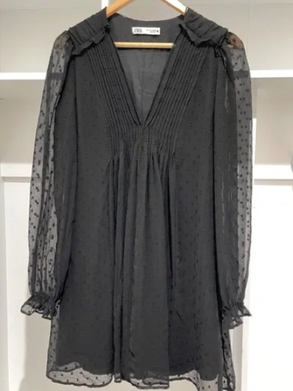 Zara Black Sheer Textured Long Sleeve dotted mini Dress women’s size small